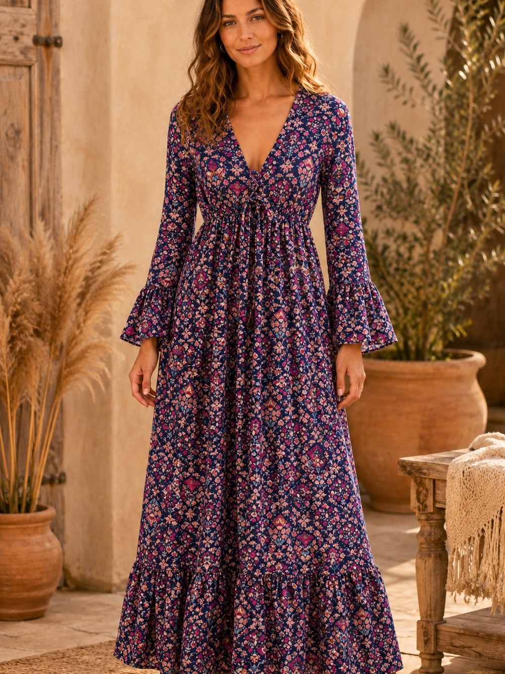 Anthropologie Boemo Floral V-Neck Long Sleeve Maxi Dress in Purple Cottagecore M